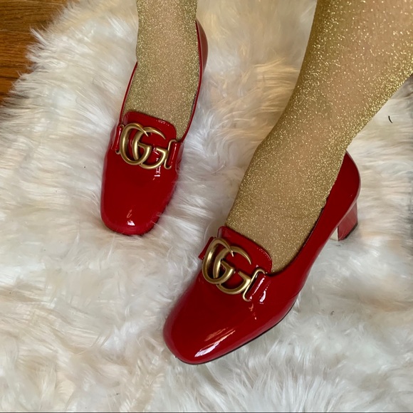 GUCCI Red Patent Vernice Block Heel GG Pumps - Picture 2 of 9